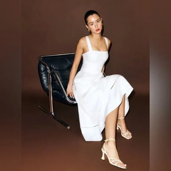 NEW Reformation Everett Linen Midi Dress White | US 2 UK 6 - Picture 5 of 16